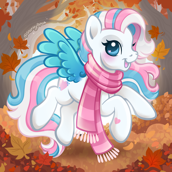 Size: 2400x2400 | Tagged: safe, artist:sparkytopia, derpibooru import, star catcher, pegasus, pony, g3, autumn, blue eyes, blushing, clothes, colored wings, commission, female, image, leaves, looking at you, mare, multicolored hair, open mouth, open smile, outdoors, png, scarf, smiling, solo, spread wings, striped scarf, white coat, wings, ych example, your character here