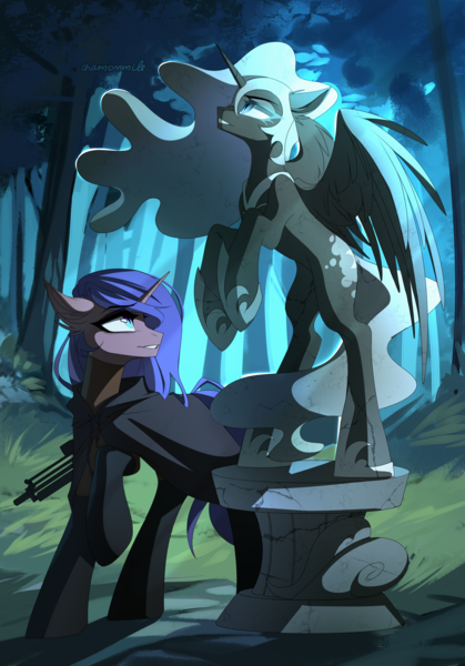 Size: 3000x4300 | Tagged: safe, artist:chamommile, derpibooru import, nightmare moon, oc, unofficial characters only, pony, unicorn, g4, ammunition, armor, blue eyes, clothes, commission, craft, duo, forest, full body, horn, image, looking at each other, looking at someone, nature, night, png, sculpture, tree, unicorn oc