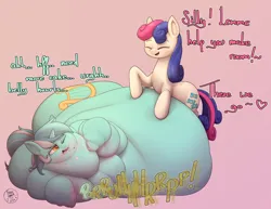 Size: 2480x1914 | Tagged: suggestive, artist:php33, derpibooru import, bon bon, lyra heartstrings, sweetie drops, earth pony, pony, unicorn, g4, belly, big belly, bingo wings, burp, butt, chubby cheeks, dialogue, double chin, fat, fat fetish, feeder bon bon, female, fetish, flabby chest, grin, horn, huge belly, huge butt, image, immobile, impossibly large belly, impossibly large butt, lard-ra heartstrings, large butt, lying down, lyra feedee, male, messy eating, morbidly obese, neck roll, obese, one eye closed, open mouth, plot, png, rolls of fat, simple background, slob, smiling, straight, stuffed, stuffing, sweat, the ass was fat, thighs, thunder thighs, traditional art, triple chin