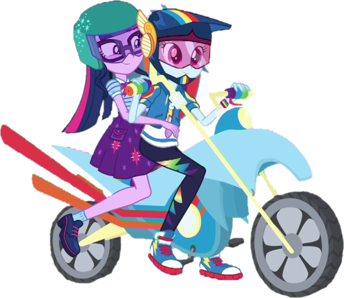 Size: 865x748 | Tagged: safe, derpibooru import, edit, edited screencap, screencap, rainbow dash, sci-twi, twilight sparkle, human, equestria girls, g4, background removed, duo, duo female, female, helmet, image, motorcycle, not a vector, png