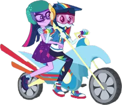 Size: 865x748 | Tagged: safe, derpibooru import, edit, edited screencap, screencap, rainbow dash, sci-twi, twilight sparkle, human, equestria girls, g4, background removed, duo, duo female, female, helmet, image, motorcycle, not a vector, png