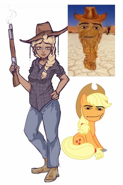 Size: 570x857 | Tagged: safe, artist:biomysor, derpibooru import, applejack, earth pony, human, applejack's hat, boots, clothes, cowboy hat, dark skin, denim, ear piercing, earring, faic, flannel, freckles, gun, hat, humanized, image, jeans, jewelry, jpeg, meme, pants, piercing, rifle, shirt, shoes, simple background, weapon, white background