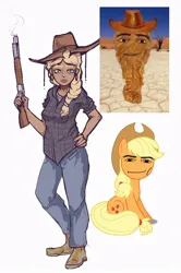 Size: 570x857 | Tagged: safe, artist:biomysor, derpibooru import, applejack, earth pony, human, applejack's hat, boots, clothes, cowboy hat, dark skin, denim, ear piercing, earring, faic, flannel, freckles, gun, hat, humanized, image, jeans, jewelry, jpeg, meme, pants, piercing, rifle, shirt, shoes, simple background, weapon, white background