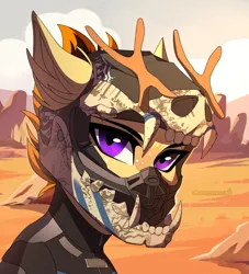 Size: 3000x3300 | Tagged: safe, artist:chamommile, derpibooru import, oc, unofficial characters only, deer, pony, unicorn, ammunition, brony, bust, clothes, commission, craft, desert, helmet, horn, horns, image, looking at you, motocross outfit, motorcycle helmet, motorcyclist, night, png, portrait, purple eyes, sai, scenery, sculpture, tree, unicorn oc, yellow skin