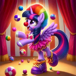 Size: 1024x1024 | Tagged: safe, ai content, derpibooru import, machine learning generated, prompter:heydude5321, twilight sparkle, alicorn, pony, g4, ball, bowtie, clothes, clown, clown nose, curtains, female, generator:bing image creator, generator:dall-e 3, horn, image, jpeg, mare, rainbow wig, red nose, shoes, solo, tutu, wig