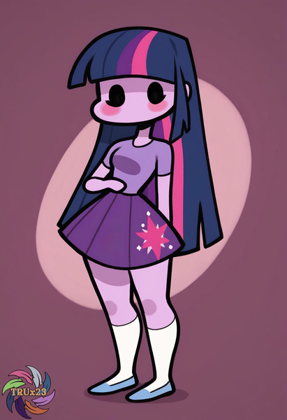 Size: 2496x3648 | Tagged: safe, ai content, derpibooru import, generator:civitai, machine learning generated, prompter:trux23, twilight sparkle, human, equestria girls, g4, blushing, cute, dot eyes, image, jpeg, no mouth