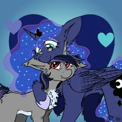 Size: 2048x2048 | Tagged: safe, artist:clarsithell, derpibooru import, princess luna, oc, oc:dreaming star, alicorn, bat pony, bat pony unicorn, hybrid, pony, unicorn, g4, chest fluff, commission, cuddling, duo, fangs, female, horn, hug, image, male, mare, png, stallion, wings, ych result