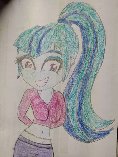 Size: 780x1040 | Tagged: safe, artist:warioman69, derpibooru import, sonata dusk, human, equestria girls, g4, breasts, busty sonata dusk, clothes, cute, cute grin, exposed belly, eyeshadow, female, grin, hands behind back, image, jpeg, makeup, ponytail, smiling, solo, sonatabetes