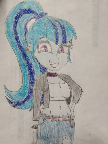 Size: 780x1040 | Tagged: safe, artist:warioman69, derpibooru import, sonata dusk, human, equestria girls, g4, breasts, busty sonata dusk, choker, clothes, cute, ear piercing, earring, exposed belly, eyeshadow, female, grin, hand on hip, image, jewelry, jpeg, makeup, piercing, ponytail, smiling, solo, sonatabetes