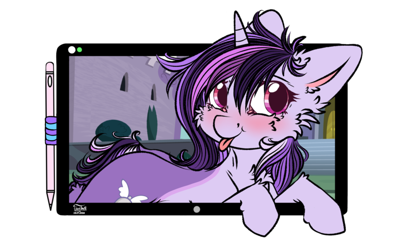 Size: 1920x1176 | Tagged: safe, artist:clarsithell, derpibooru import, oc, oc:dreaming bell, unofficial characters only, pony, unicorn, g4, blushing, breaking the fourth wall, commission, cute, drawing tablet, female, fluffy, fur, hooves, horn, image, mare, ocbetes, png, simple background, solo, transparent background, two toned coat, unicorn oc, ych result