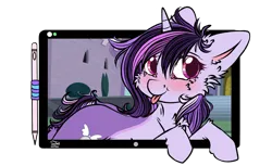 Size: 1920x1176 | Tagged: safe, artist:clarsithell, derpibooru import, oc, oc:dreaming bell, unofficial characters only, pony, unicorn, g4, blushing, breaking the fourth wall, commission, cute, drawing tablet, female, fluffy, fur, hooves, horn, image, mare, ocbetes, png, simple background, solo, transparent background, two toned coat, unicorn oc, ych result