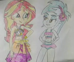 Size: 1280x1070 | Tagged: safe, artist:warioman69, derpibooru import, lyra heartstrings, sunset shimmer, human, equestria girls, g4, clothes, cute, duo, eyeshadow, flower, flower in hair, grin, hand on hip, image, jpeg, lidded eyes, looking at each other, looking at someone, lyrabetes, makeup, smiling, smiling at each other, swimsuit