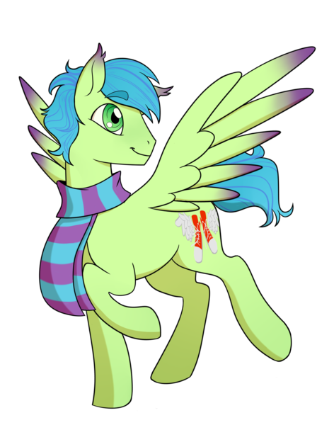 Size: 2480x3153 | Tagged: safe, artist:chippocat, derpibooru import, oc, oc:emerald sprint, unofficial characters only, pegasus, pony, clothes, cutie mark, green eyes, image, male, png, scarf, simple background, solo, spread wings, stallion, transparent background, wings