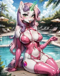 Size: 1632x2052 | Tagged: suggestive, ai content, derpibooru import, machine learning generated, stable diffusion, sweetie belle, anthro, unicorn, series:latex bdsm, g4, breasts, busty sweetie belle, clothes, female, horn, image, latex, magic, png, prompter:neondash, socks, solo, solo female, stockings, thigh highs