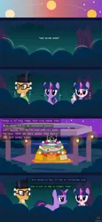 Size: 1793x3906 | Tagged: safe, artist:wheatley r.h., derpibooru import, twilight sparkle, twilight sparkle (alicorn), oc, oc:myoozik the dragon, oc:twi clown, alicorn, dragon, pony, unicorn, g4, altar de muertos, angry, bush, catrina (calavera garbancera), cempasúchil, chewing, clothes, comic, derpibooru exclusive, dragon oc, eating, female, flower, folded wings, food, forest, glasses, hat, horn, image, jpeg, lamp, male, mare, nature, night, night sky, non-pony oc, onomatopoeia, outdoors, sky, structure, top hat, tree, unicorn oc, vector, watermark, wings