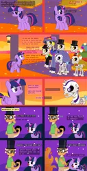 Size: 1793x3528 | Tagged: safe, artist:wheatley r.h., derpibooru import, twilight sparkle, twilight sparkle (alicorn), oc, oc:myoozik the dragon, oc:twi clown, alicorn, dragon, pony, skeleton pony, unicorn, g1, g4, altar de muertos, angry, bone, bow, bush, catrina (calavera garbancera), cempasúchil, clothes, comic, derpibooru exclusive, dragon oc, female, flower, folded wings, forest, glasses, hat, horn, image, jpeg, lamp, male, mare, nature, night, night sky, non-pony oc, onomatopoeia, outdoors, shocked, shocked expression, skeleton, sky, stallion, structure, tail, tail bow, top hat, tree, unicorn oc, vector, watermark, wings