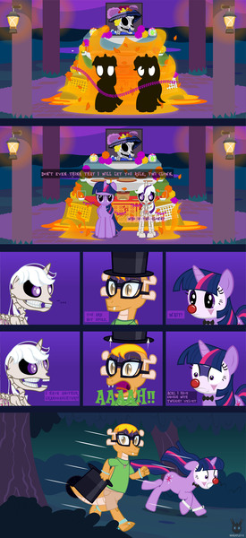 Size: 1793x3906 | Tagged: safe, artist:wheatley r.h., derpibooru import, twilight sparkle, twilight sparkle (alicorn), oc, oc:myoozik the dragon, oc:twi clown, alicorn, dragon, pony, skeleton pony, unicorn, g1, g4, altar de muertos, angry, bone, bow, bush, catrina (calavera garbancera), cempasúchil, clothes, comic, derpibooru exclusive, dragon oc, female, flower, folded wings, forest, glasses, hat, horn, image, jpeg, lamp, male, mare, nature, night, night sky, non-pony oc, onomatopoeia, outdoors, running away, scared, screaming, skeleton, sky, structure, tail, tail bow, top hat, tree, unicorn oc, vector, watermark, wings