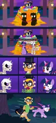 Size: 1793x3906 | Tagged: safe, artist:wheatley r.h., derpibooru import, twilight sparkle, twilight sparkle (alicorn), oc, oc:myoozik the dragon, oc:twi clown, alicorn, dragon, pony, skeleton pony, unicorn, g1, g4, altar de muertos, angry, bone, bow, bush, catrina (calavera garbancera), cempasúchil, clothes, comic, derpibooru exclusive, dragon oc, female, flower, folded wings, forest, glasses, hat, horn, image, jpeg, lamp, male, mare, nature, night, night sky, non-pony oc, onomatopoeia, outdoors, running away, scared, screaming, skeleton, sky, structure, tail, tail bow, top hat, tree, unicorn oc, vector, watermark, wings