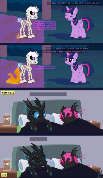 Size: 1793x3078 | Tagged: safe, artist:wheatley r.h., derpibooru import, twilight sparkle, twilight sparkle (alicorn), oc, oc:lara, oc:w. rhinestone eyes, alicorn, changeling, pony, skeleton pony, unicorn, g1, g4, bed, blue changeling, bone, bow, bush, changeling oc, clothes, comic, derpibooru exclusive, female, folded wings, heart, honeypot changeling, horn, image, jpeg, male, mare, nature, night, night sky, onomatopoeia, outdoors, pink changeling, skeleton, sky, sleeping, tail, tail bow, unicorn oc, vector, watermark, wings