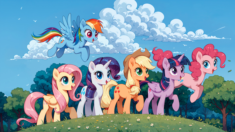 Size: 3840x2160 | Tagged: safe, ai content, derpibooru import, machine learning generated, prompter:bluetoothworld, applejack, fluttershy, pinkie pie, rainbow dash, rarity, twilight sparkle, twilight sparkle (alicorn), alicorn, earth pony, pegasus, pony, unicorn, g4, applejack's hat, cloud, cowboy hat, day, female, flower, forest, hat, high res, horn, image, jpeg, mane six, mare, nature, outdoors, sky, smiling, tree, wallpaper, wings