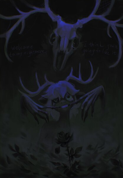 Size: 1423x2048 | Tagged: semi-grimdark, artist:dearmary, derpibooru import, oc, unofficial characters only, pony, antlers, black rose, black sclera, creepy, crying, duo, flower, forced smile, image, jpeg, male, monster, rose, skull, smiling, stallion