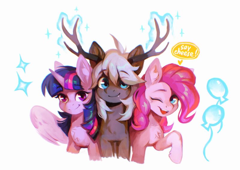 Size: 2048x1448 | Tagged: safe, artist:dearmary, derpibooru import, pinkie pie, twilight sparkle, twilight sparkle (alicorn), alicorn, earth pony, pony, g4, antlers, dialogue, female, image, jpeg, magic, male, mare, one eye closed, simple background, speech bubble, stallion, trio, white background, wink