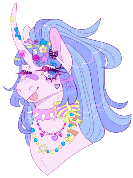 Size: 1657x2220 | Tagged: safe, artist:sleepy-nova, derpibooru import, oc, oc:showstopper, pony, unicorn, bust, choker, female, horn, image, mare, one eye closed, png, portrait, simple background, solo, spiked choker, tongue out, transparent background, wink