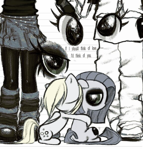 Size: 748x780 | Tagged: safe, artist:mortalcoil17, derpibooru import, derpy hooves, oc, oc:minkie pie, earth pony, pegasus, pony, fanfic:muffins, g4, clothes, duo, eyes closed, fanfic art, female, hug, image, jpeg, mare, skirt