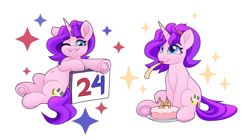 Size: 3840x2160 | Tagged: safe, artist:rivin177, derpibooru import, oc, oc:rivin, unofficial characters only, pony, unicorn, birthday, birthday cake, birthday candles, cake, candle, food, frog (hoof), grin, horn, image, looking at you, one eye closed, party horn, png, simple background, smiling, smiling at you, solo, underhoof, white background