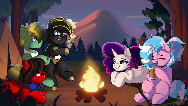 Size: 1920x1080 | Tagged: safe, artist:joaothejohn, derpibooru import, oc, oc:cody, oc:fancy cat, oc:kali, oc:lexie, oc:sam, earth pony, pegasus, pony, unicorn, campfire, camping, clothes, commission, earth pony oc, eyes closed, fire, food, forest, gold, gradient mane, headset, horn, horns, image, laughing, looking at each other, looking at someone, lying down, marshmallow, mountain, multicolored hair, nature, pegasus oc, png, scarf, sitting, smiling, tree, unicorn oc, wings