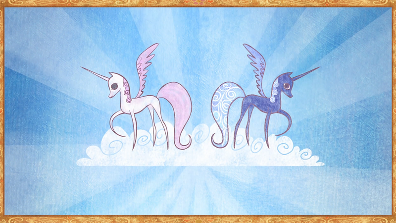 Size: 1920x1080 | Tagged: safe, derpibooru import, screencap, princess celestia, princess luna, alicorn, pony, friendship is magic, g4, season 1, book, cloud, cold opening, duo, female, hooves, horn, illustration, image, it begins, mare, my little pony, on a cloud, pink-mane celestia, png, pony history, raised hoof, royal sisters, s1 luna, siblings, sisters, spread wings, standing on a cloud, start of ponies, storybook, wings