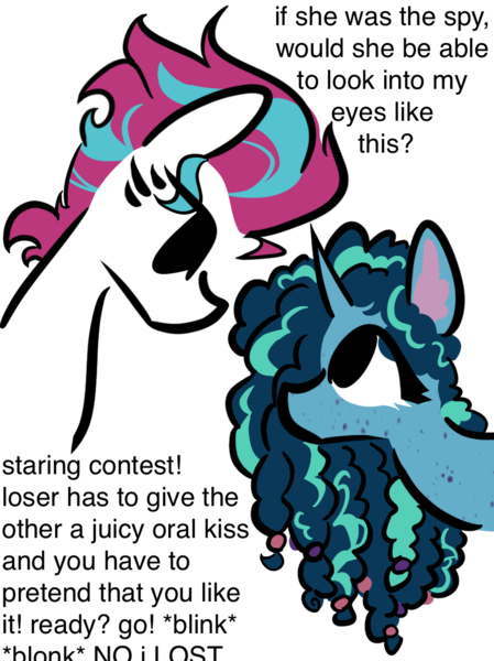 Size: 824x1100 | Tagged: safe, artist:captainzigo, derpibooru import, zipp storm, pegasus, pony, unicorn, g5, dialogue, duo, duo female, female, horn, image, implied kissing, lesbian, looking at each other, looking at someone, mare, misty brightdawn, png, ship:dawnstorm, shipping, simple background, stare, staring contest, text, transparent background