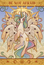 Size: 2362x3494 | Tagged: safe, artist:lenori, derpibooru import, princess celestia, alicorn, pony, angel, be not afraid, biblically accurate angels, cloud, eye, eyes, eyes do not belong there, female, image, mare, multiple wings, png, solo, wings