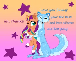 Size: 1329x1075 | Tagged: safe, artist:bluestar386, derpibooru import, sunny starscout, oc, oc:luna wolf, earth pony, pony, wolf, g5, abstract background, best pony, cute, dialogue, duo, eyes closed, female, gradient background, hug, hug from behind, image, implied sunnycorn, mane stripe sunny, mare, misspelling of you're, one eye closed, png, stars, sunnybetes