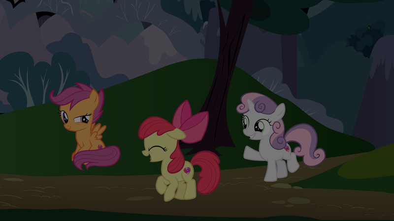 Size: 6000x3375 | Tagged: safe, derpibooru import, apple bloom, scootaloo, sweetie belle, earth pony, pegasus, pony, unicorn, g4, adobe, adventure, bow, cutie mark crusaders, female, filly, foal, hair bow, happy, horn, image, mountain, night, outdoors, png, show accurate, tree, trio, vector