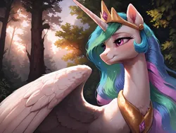 Size: 8192x6144 | Tagged: safe, ai content, derpibooru import, machine learning generated, prompter:molagbal, princess celestia, alicorn, pony, g4, 4k, absurd resolution, chest fluff, female, fluffy, forest, glow, glowing eyes, high res, image, jpeg, mare, nature, outdoors, smiling, solo, solo female, spread wings, sunset, tree, wings