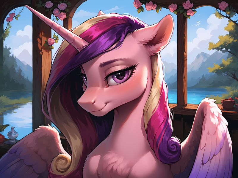 Size: 8192x6144 | Tagged: safe, ai content, derpibooru import, machine learning generated, prompter:molagbal, princess cadance, alicorn, pony, g4, 4k, absurd resolution, bedroom eyes, chest fluff, female, fluffy, fur, glow, glowing eyes, high res, image, jpeg, lake, looking at you, mare, mountain, outdoors, seductive, seductive look, smiling, smiling at you, solo, solo female, tree, water