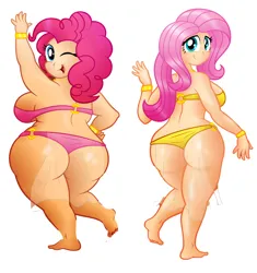 Size: 4000x4250 | Tagged: suggestive, artist:aleximusprime, edit, ponerpics import, fluttershy, pinkie pie, human, g4, ass, balloonbutt, barefoot, belly dancer, big breasts, breasts, busty fluttershy, busty pinkie pie, butt, chubby, cleavage, clothes, combined images, curvy, duo, duo female, fat, feet, female, flutterbutt, flutterpie, flutterthighs, hand on hip, huge butt, humanized, image, large butt, lesbian, loincloth, merged image, one eye closed, panties, pink underwear, pinkie thighs, png, pudgy pie, see-through, sexy, shipping, sideboob, simple background, singing belly dancing rainbooms, solo, solo female, the ass was fat, thighs, thong, thunder thighs, underwear, waving, white background, wide hips, wink