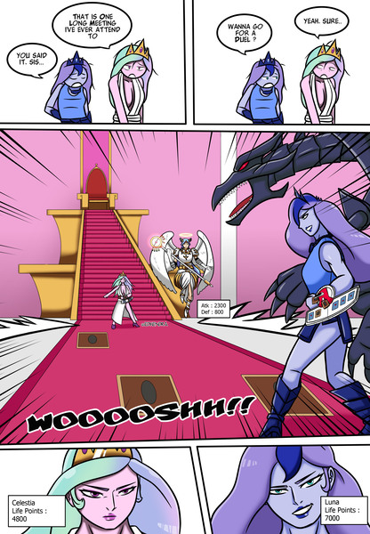 Size: 2290x3300 | Tagged: safe, artist:edhendraw, artist:sandypeacebringer, derpibooru import, princess celestia, princess luna, human, equestria girls, g4, duel, image, jpeg, throne, throne room, yu-gi-oh!, yugioh card