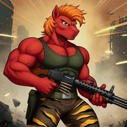 Size: 1024x1024 | Tagged: safe, ai content, derpibooru import, generator:google imagen 3.0, machine learning generated, prompter:zerowinger, big macintosh, anthro, earth pony, series:g.i. pony: a real equestrian hero, g4, clothes, cosplay, costume, fatigues, g.i. joe, gun, image, jpeg, machine gun, male, muscles, muscular male, roadblock, solo, tanktop, tiger force, weapon