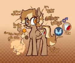 Size: 3344x2804 | Tagged: safe, artist:foxtrnal, derpibooru import, oc, oc:amber wings, unofficial characters only, pegasus, pony, ahoge, alternate hairstyle, brown background, brown pupils, checkered background, colored pupils, colored wings, colored wingtips, cutie mark, eyelashes, femboy, feminine stallion, folded wings, freckles, image, leg freckles, male, orange eyes, png, reference sheet, remake, simple background, solo, stallion, text, wings