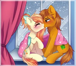 Size: 1804x1548 | Tagged: safe, artist:arllistar, derpibooru import, oc, oc:sunshine drift, oc:zip circuit, unofficial characters only, bat pony, earth pony, pony, bat pony oc, bat wings, bedroom eyes, blanket, blushing, bow, curtains, ear fluff, earth pony oc, eyes closed, female, hair bow, heart, image, jpeg, kissing, male, oc x oc, pink blanket, ponytail, raised hoof, shipping, signature, snow, snowfall, straight, window, wings