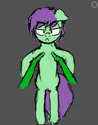 Size: 366x466 | Tagged: safe, artist:dowi, derpibooru import, oc, unofficial characters only, earth pony, pony, cute, female, gray background, holding a pony, image, looking at you, mare, png, purple mane, simple background, solo, unamused