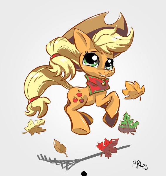 Size: 2461x2614 | Tagged: safe, artist:lytlethelemur, derpibooru import, applejack, earth pony, pony, autumn, autumn leaves, cute, female, image, jackabetes, leaf, leaves, mare, png, rake, signature, simple background, smiling, solo, white background