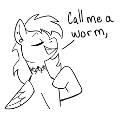 Size: 2048x1925 | Tagged: safe, artist:leavemebetosleep, derpibooru import, part of a set, rainbow dash, pegasus, pony, black and white, choker, comic, ear piercing, earring, grayscale, hoof on chest, image, jewelry, jpeg, monochrome, out of context, piercing, simple background, solo, white background