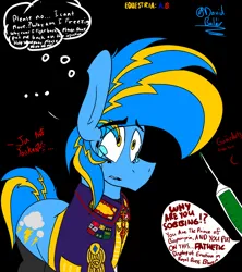 Size: 1600x1800 | Tagged: semi-grimdark, artist:david_bal'air, derpibooru import, oc, oc:lightning flash, clothes, crying, equestria: a.b., image, injection, medication, nervous, png, royalty, tears of pain, uniform