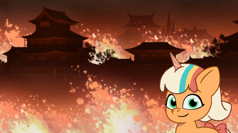 Size: 1675x940 | Tagged: safe, artist:caseyben887, derpibooru import, pony, unicorn, g5, bow, burning, disaster girl, female, fire, horn, houses, image, looking at you, mare, meme, peach fizz, png, smiling, smiling at you, tail, tail bow