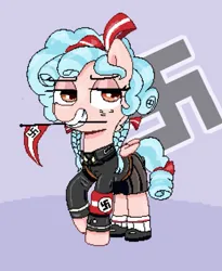 Size: 493x602 | Tagged: safe, artist:dowi, derpibooru import, cozy glow, pegasus, pony, g4, armband, clothes, dreamworks face, female, filly, flag, foal, hitler youth, image, jpeg, looking at you, mouth hold, my little pony, nazi, op is a duck, shoes, skirt, smiling, solo, swastika, uniform