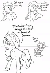 Size: 719x1046 | Tagged: safe, artist:leavemebetosleep, derpibooru import, applejack, granny smith, rainbow dash, earth pony, pegasus, pony, g4, appledash, applejack's hat, black and white, blushing, clothes, comic, cowboy hat, dialogue, female, flirting, grayscale, hat, hoof on chest, image, innuendo, jpeg, lesbian, monochrome, rocking chair, scarf, shipping, simple background, trio, white background