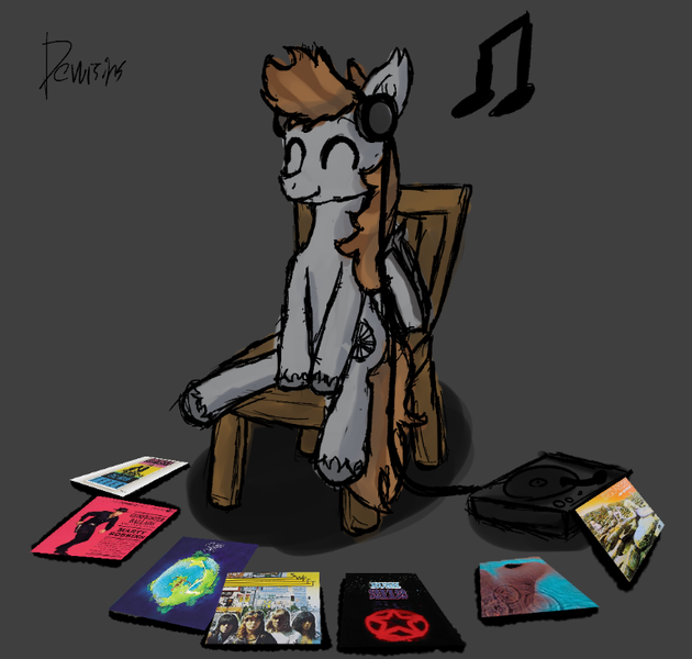 Size: 765x729 | Tagged: safe, artist:dowi, derpibooru import, oc, oc:devin, unofficial characters only, bat pony, pony, 2112, album, album cover, bipedal, chair, classic rock, country music, cute, cute little fangs, desolation boulevard, eyes closed, fangs, fragile, full moon fever, glam rock, gray background, gunfighter ballads and trail songs, headphones, houses of the holy, image, led zeppelin, listening to music, male, marty robbins, meddle, music, music notes, pink floyd, png, record, record player, rush, simple background, sitting, solo, stallion, sweet, tom petty, vinyl, yes, yes (band)